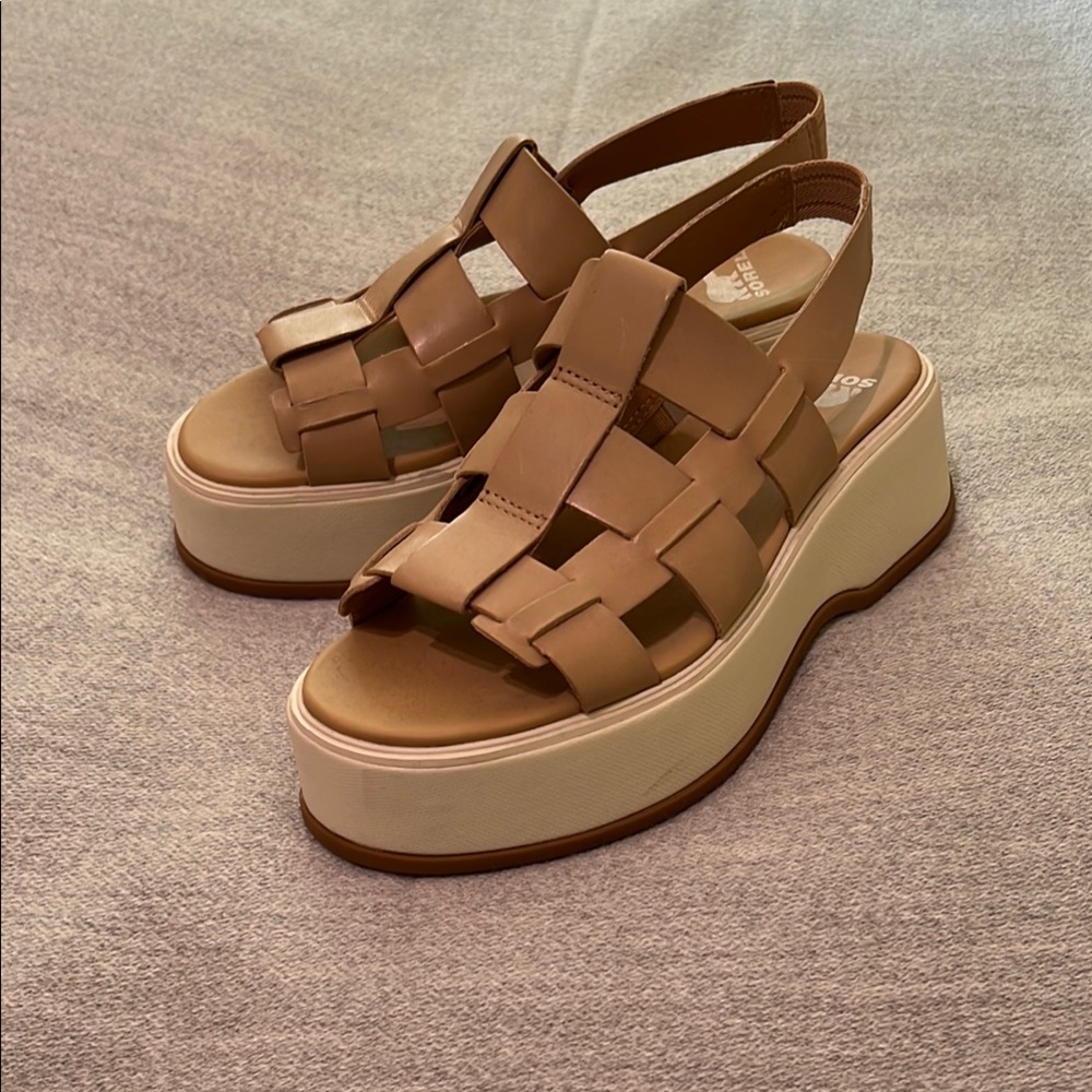 Sorel Tan and Cream Platform Sandals with Woven Straps